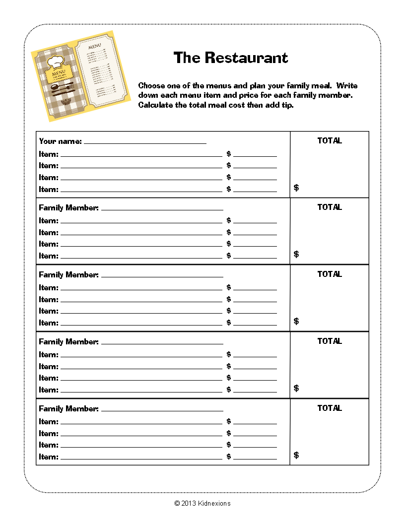 The Restaurant Activity Sheet – Karyn's Blog
